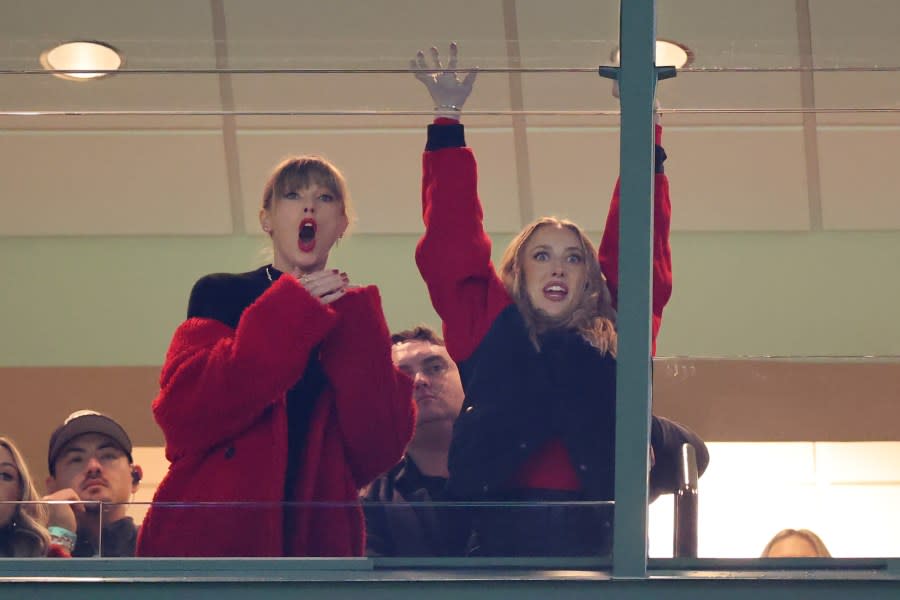 GREEN BAY, WISCONSIN – DECEMBER 03: Taylor Swift and Brittany Mahomes react in a suite during the game between the Kansas City Chiefs and the Green Bay Packers at Lambeau Field on December 03, 2023 in Green Bay, Wisconsin. (Photo by Stacy Revere/Getty Images)