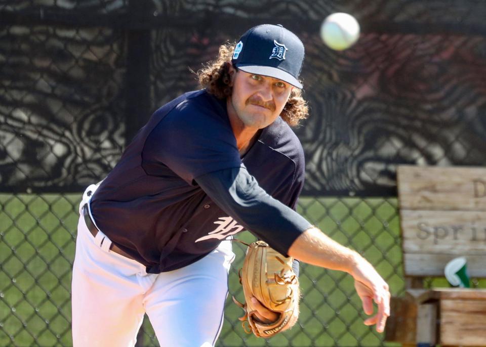 Detroit Tigers pitcher Jason Foley warms up before live batting practice during spring training on Wednesday, February 22, 2023.