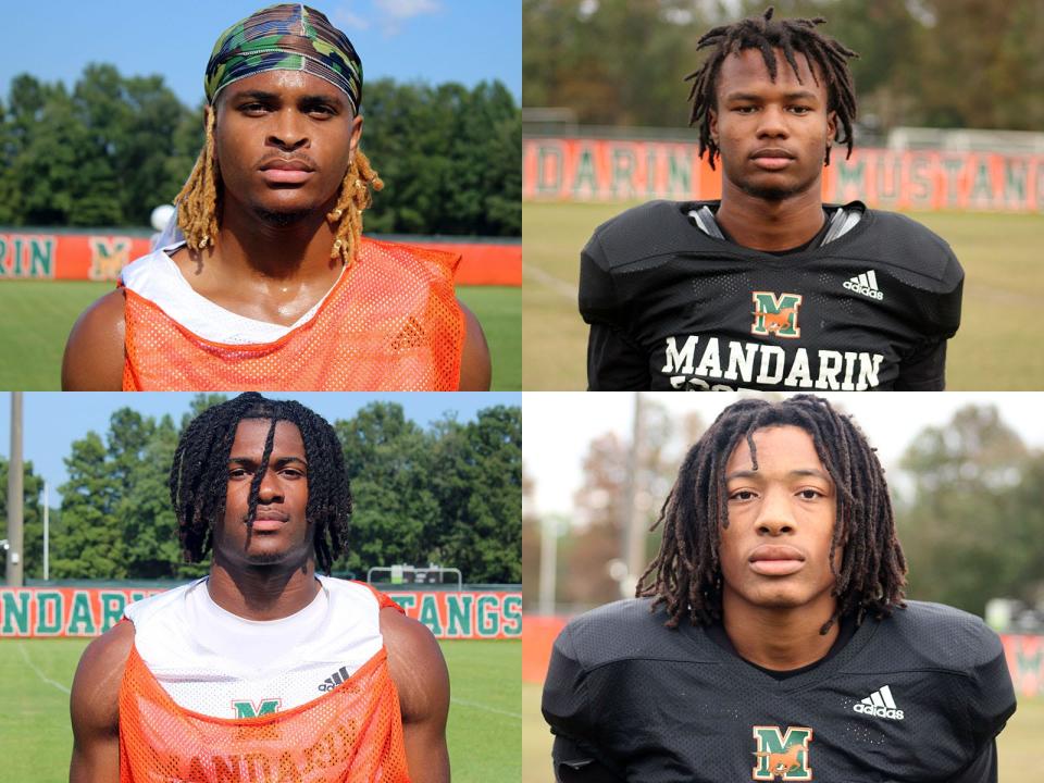 Clockwise from top left: A.J. Belgrave-Shorter, Tyler Jackson, Drake Stubbs and Jon Mitchell start in the secondary for Mandarin High School football entering the 2023 Class 4M final. [Clayton Freeman/Florida Times-Union]