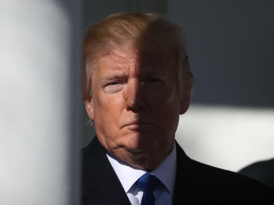 U.S. President Donald Trump stands in the colonnade as he is introduced to speak to March for Life participants and pro-life leaders in the Rose Garden at the White House on January 19, 2018 in Washington, DC. The annual march takes place around the anniversary of Roe v. Wade, Supreme Court decision that came on January 22, 1974.