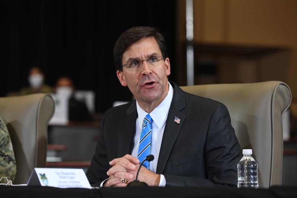 US Defense Secretary Mark Esper attends a briefing on Enhanced Narcotics Operations at the US Southern Command in Doral, Florida, on July 10, 2020. (Saul Loeb/AFP via Getty Images)