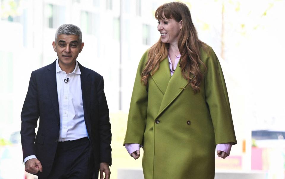 Sadiq Khan and Angela Rayner are pictured arriving at the Design District in London this morning ahead of the London mayoral election on May 2