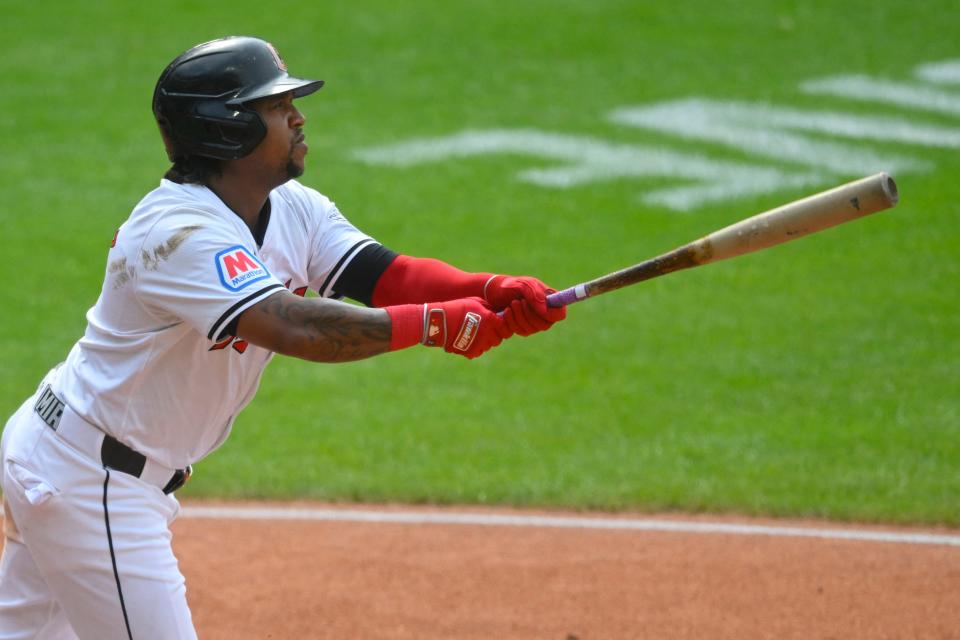 Guardians third baseman Jose Ramirez watches his two-run home run against the Toronto Blue Jays on June 22 in Cleveland.