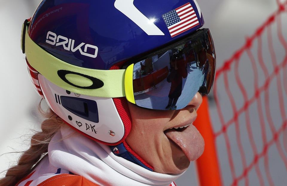 Lindsey Vonn has some fun after finishing her downhill training run at the PyeongChang Olympics. (AP Photo)