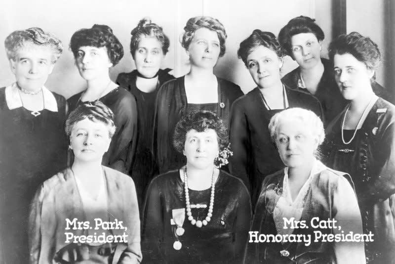 Portrait of the National League of Women Voters' board of directors, including Maud Wood Park and Carrie Chapman Catt, taken during its Chicago Convention in 1920. The group was founded on February 14, 1920, by Catt. File Photo by Library of Congress
