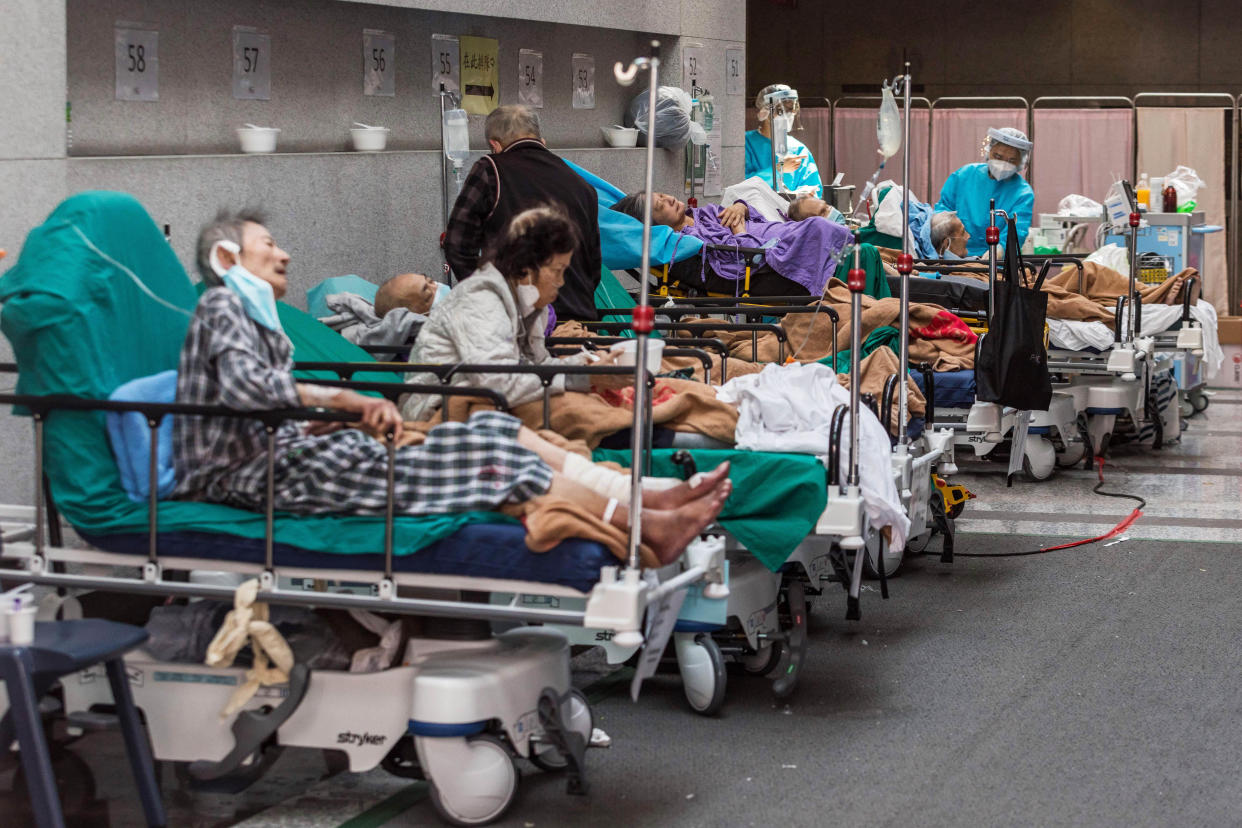 Patients held in an area of Princess Margaret hospital in Hong Kong on March 11, 2022 as the city experienced overflowing hospitals and morgues, shortages of medics and ambulances. (Dale De La Rey / AFP via Getty Images file)