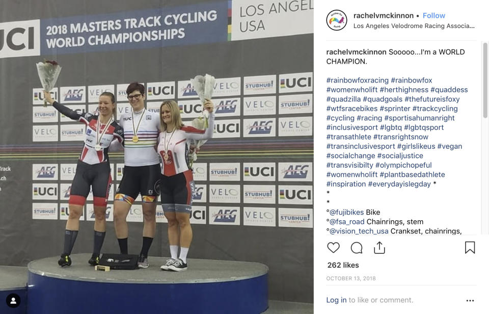 This image from an Oct. 13, 2018 Twitter post by Canadian transgender cyclist Rachel McKinnon of Canada shows her, center, with competitors Carolien Van Herrikhuyzen of the Netherlands, left, and Jen Wagner-Assali of the U.S. receiving their awards during the UCI Masters Track Cycling World Championships in Carson, Calif. A Breitbart.com story with the headline, "Biological Man Wins Women's World Cycling Championship," helped to trigger an avalanche of social-media attacks directed at McKinnon. (Rachel McKinnon via AP)
