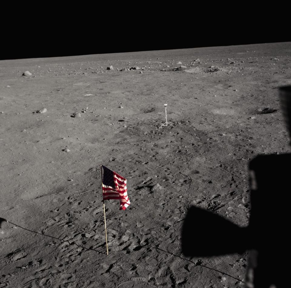 <p>The American flag at Tranquility Base on the Moon, planted by the Apollo 11 astronauts.</p>