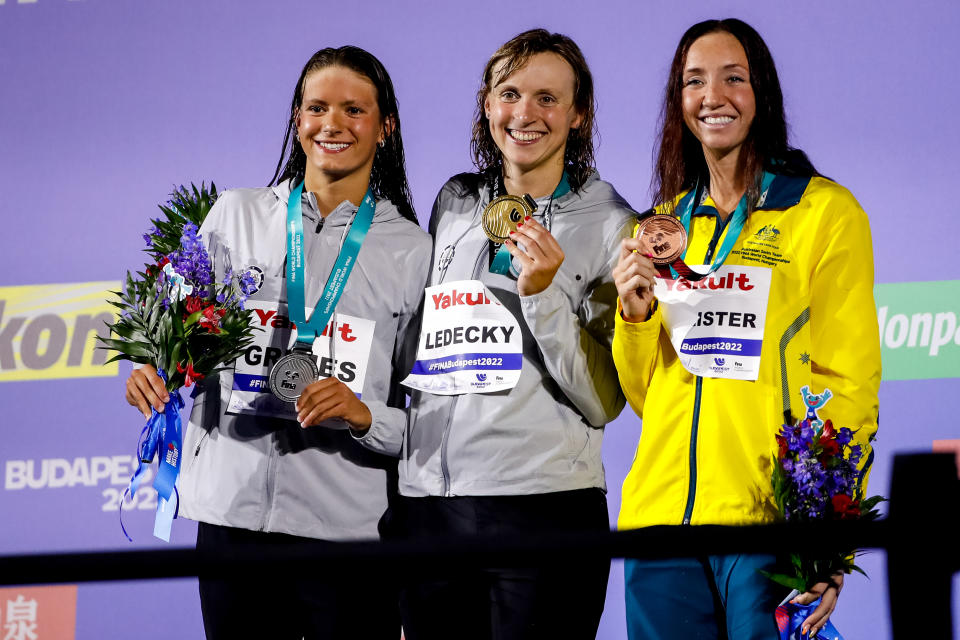 Katie Grimes, Katie Ledecky and Lani Pallister, pictured here with their medals at the swimming world championships.