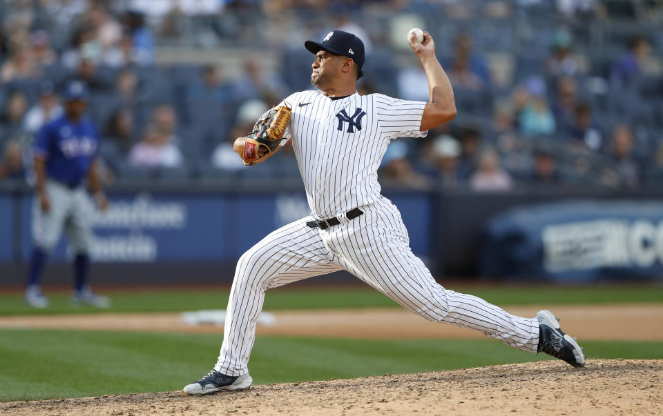 New York Yankees relief pitcher Wandy Peralta throws against the Texas Rangers during the eighth inning of a baseball game, Saturday, June 24, 2023, in New York. The Yankees won 1-0. (AP Photo/Noah K. Murray)