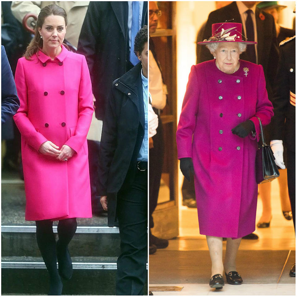 Kate wore the hot pink Mulberry coat during her royal trip to New York in December 2014, while the Queen wore a similar coat this week. <em>(Photos: Getty)</em>