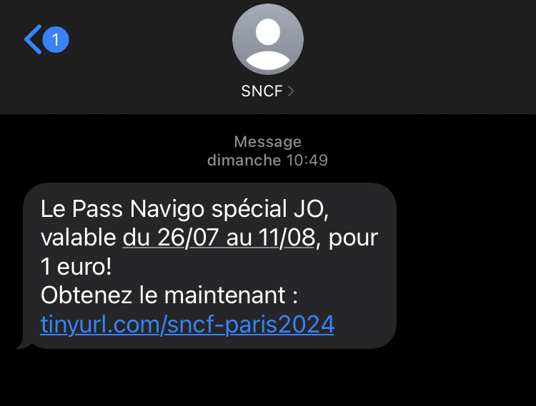 Capture d'écran d'un SMS d'arnaque liée aux transports pendant les Jeux olympiques de Paris 2024.