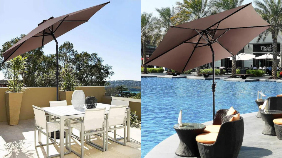 Outdoor fun doesn't have to end just because the season's over. Shop marked down patio furniture like the 9-ft Tan Push-button Tilt Market Patio Umbrella for $66.21.