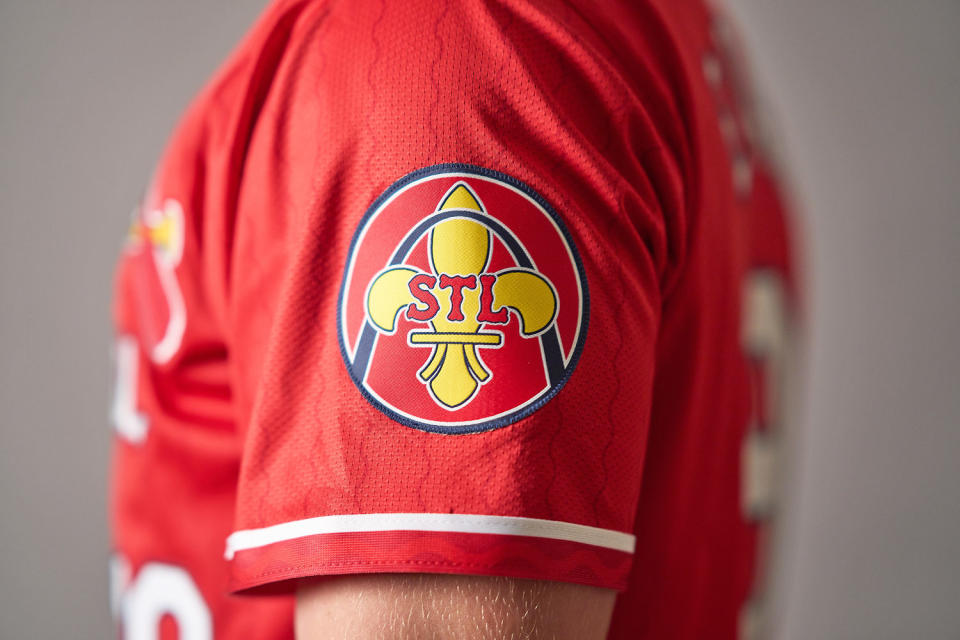 The Cardinals' City Connect uniform features a fleur-de-lis on the sleeve.                 (Courtesy St. Louis Cardinals)