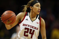 FILE - In this Friday, Dec. 28, 2018, file photo, Rutgers guard Arella Guirantes handles the ball against Northwestern during an NCAA college basketball game, in Piscataway, N.J. Guirantes is headed back to Rutgers instead of choosing to enter the WNBA draft, which is scheduled to be held April 17, 2020. (AP Photo/Adam Hunger, File)