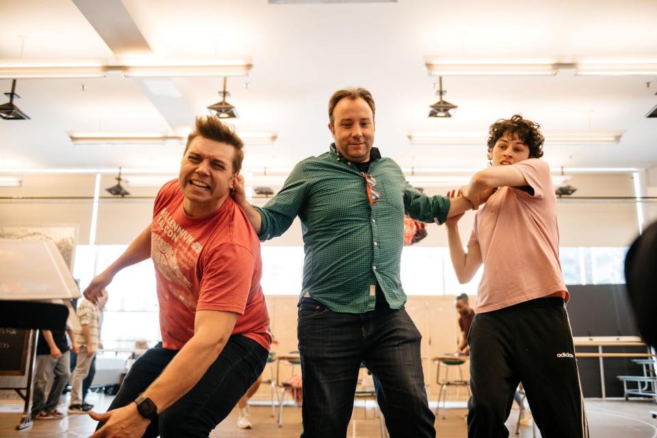 Nathaniel Hackmann, Colchester native Merritt David Janes and Casey Likes rehearse for the Broadway production of "Back to the Future: The Musical."