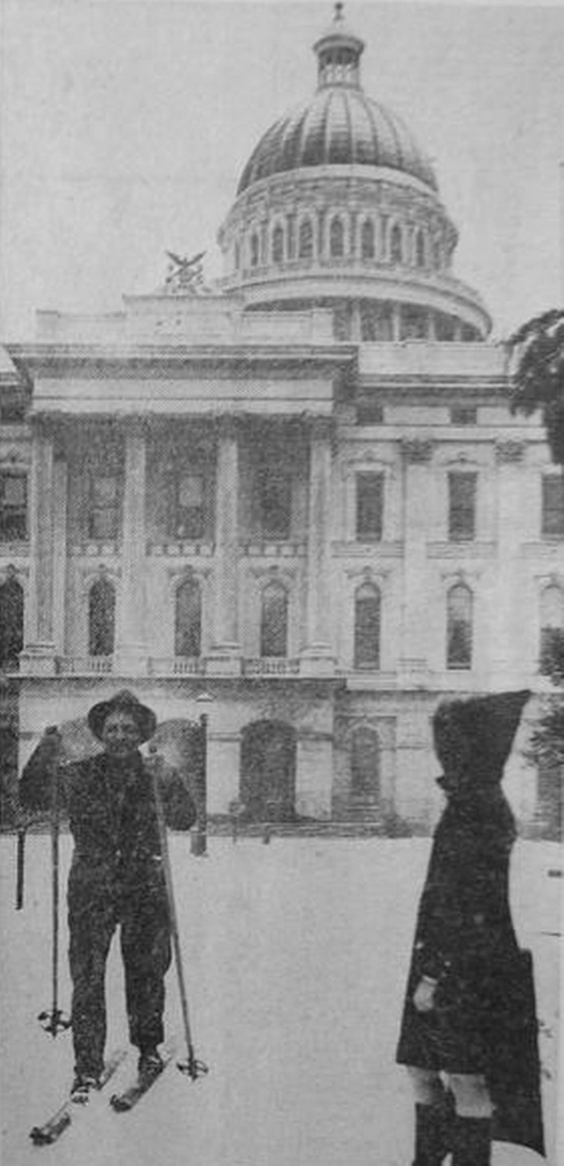 Henri Lappi skis at the state Capitol on March 16, 1942. The storm dropped 2 inches of snow on Sacramento. Sacramento Bee file