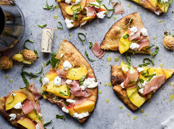 Grilled Flatbread Pizza with Peaches, Prosciutto, Goat Cheese and Basil