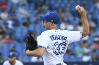 Toronto Blue Jays' Trevor Richards pitches in the sixth inning of a baseball game against the Minnesota Twins in Toronto on Saturday, Sept. 18, 2021. (Jon Blacker/The Canadian Press via AP)