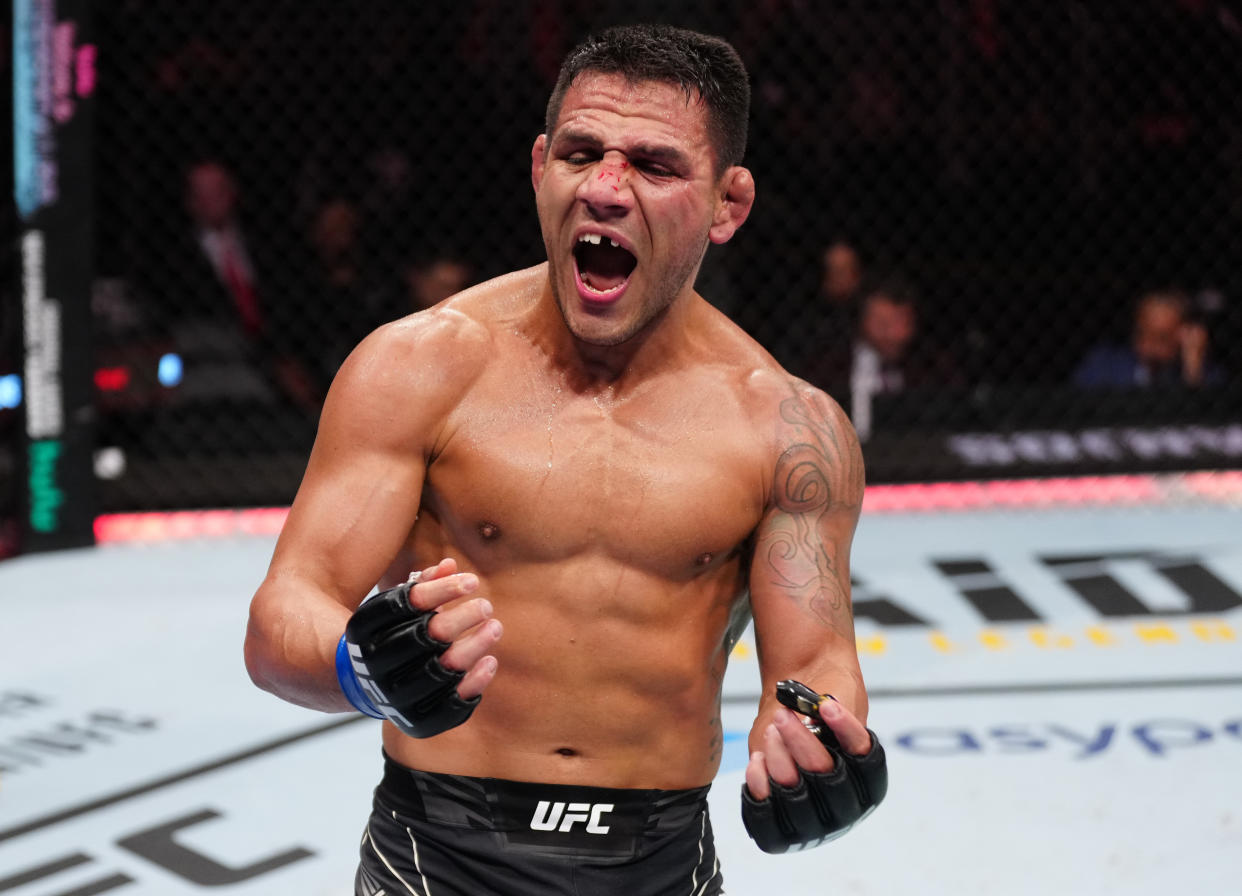 ORLANDO, FLORIDA - DECEMBER 03: Rafael Dos Anjos of Brazil reacts after his submission victory over Bryan Barberena in a welterweight fight during the UFC Fight Night event at Amway Center on December 03, 2022 in Orlando, Florida. (Photo by Jeff Bottari/Zuffa LLC)