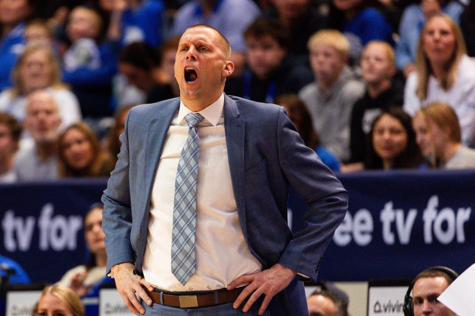 Brigham Young Cougars head coach Mark Pope yells during a men’s college basketball game between Brigham Young University and Baylor University at the Marriott Center in Provo on Tuesday, Feb. 20, 2024. | Megan Nielsen, Deseret News