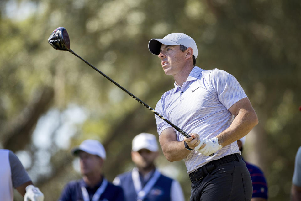 Rory McIlroy, of Northern Ireland, watches his drive down the second fairway during the final round of the CJ Cup golf tournament Sunday, Oct. 23, 2022, in Ridgeland, S.C. (AP Photo/Stephen B. Morton)
