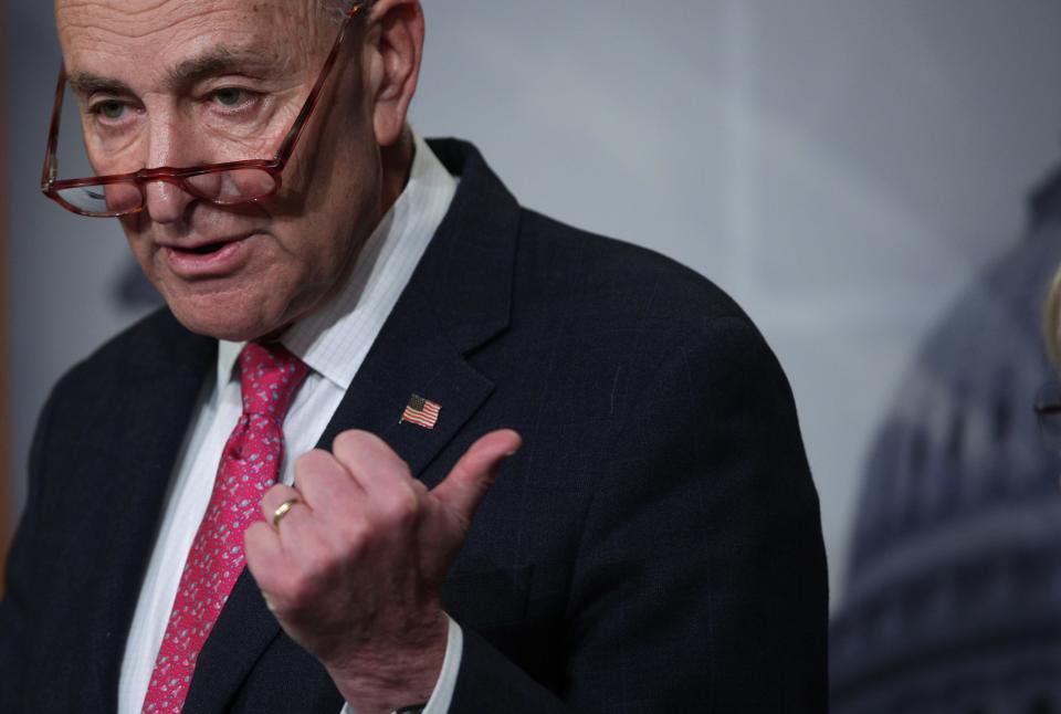 Senate Minority Leader Sen. Chuck Schumer, D-N.Y., speaks during a news conference prior to the Senate impeachment trial against President Donald Trump on Wednesday.