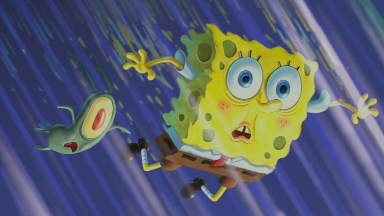 Plankton and SpongeBob travelled through time and animation styles in The SpongeBob Movie: Sponge Out of Water. (Paramount Pictures)