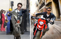 <b>Movie star stunt doubles</b><br><br> <b>Biker boys…</b> <b>Tom Cruise’s</b> publicity department would have you believe he does all his own stunts, but here’s a double doing a motorbike scene on the set of ‘Knight And Day’. No wonder the pic on the right looks so fake. (Credit: Rex) <br><br><b>[Related gallery: <a href="http://uk.movies.yahoo.com/photos/best-movie-star-lookalikes-slideshow/" data-ylk="slk:Best movie star lookalikes;elm:context_link;itc:0;sec:content-canvas;outcm:mb_qualified_link;_E:mb_qualified_link;ct:story;" class="link  yahoo-link">Best movie star lookalikes</a>]</b>