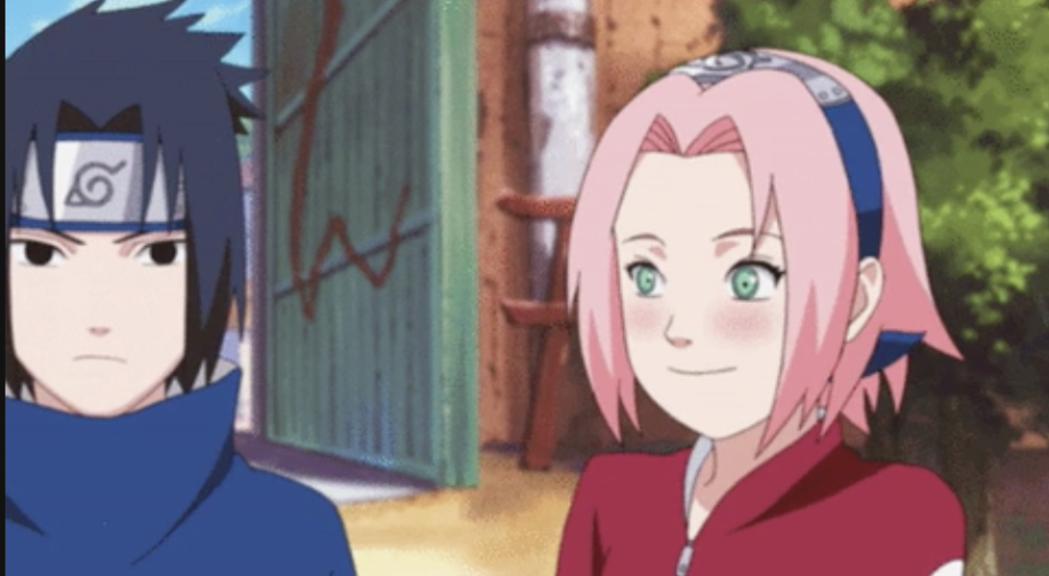 Sakura Haruno and Sasuke looking at each other