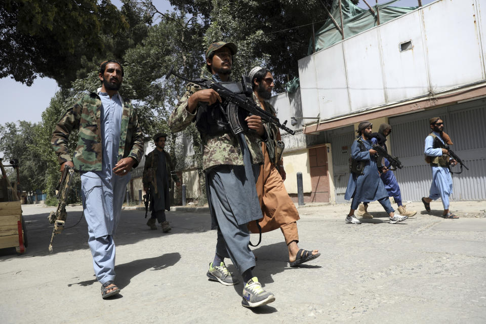 Taliban fighters patrol in the Wazir Akbar Khan neighborhood in the city of Kabul, Afghanistan, Wednesday, Aug. 18, 2021. (AP Photo/Rahmat Gul)