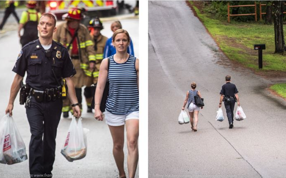 Police officer Tyler Coady helps carry groceries a half mile to a woman’s home after her road had been closed. (Photo: Infonh via Facebook)