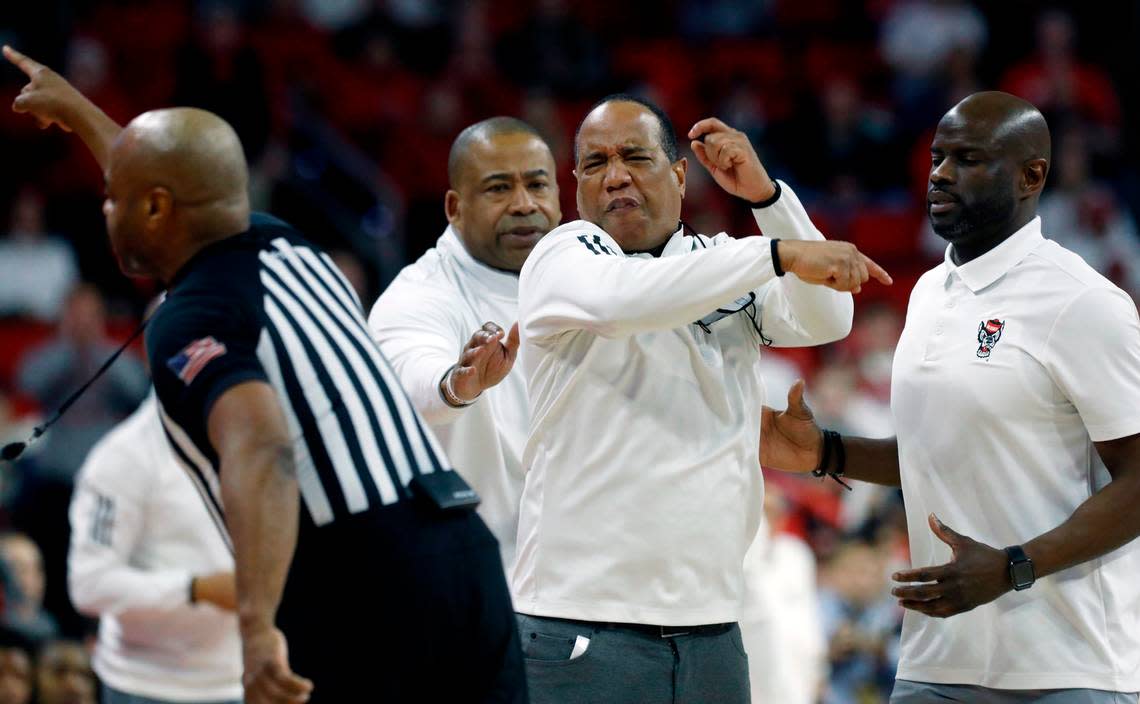 N.C. State head coach Kevin Keatts reacts after being ejected during the first half of the Wolfpack’s game against Wake Forest at PNC Arena on Jan. 16. Kaitlin McKeown/kmckeown@newsobserver.com