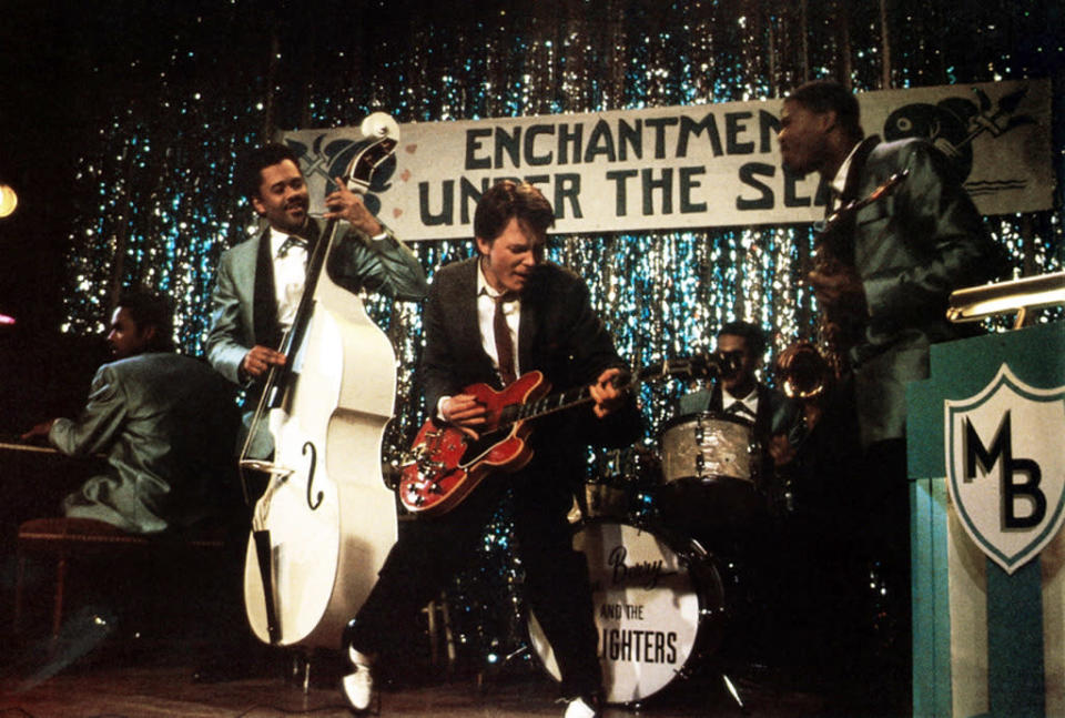 <p>Unlike Stoltz, Fox was already an avid guitar player, which, with some more practice, helped make the big scene at the Enchantment Under the Sea Dance look real. He even told the cinematographer to film his hands playing “Johnny B. Goode.”</p>