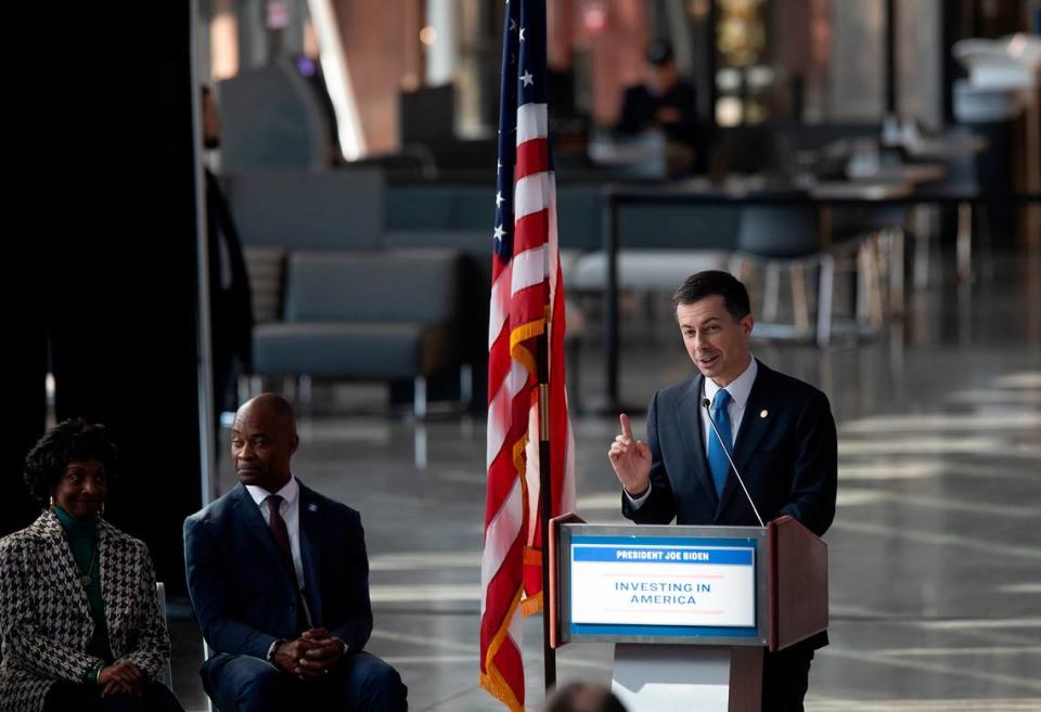 U.S. Transportation Secretary Pete Buttigieg recognizes the work of U.S. Rep. Valerie Foushee during an event at Raleigh Union Station on Monday, Dec. 11, 2023, to celebrate construction of the first leg of a high-speed rail line between the Triangle and Richmond, Va.