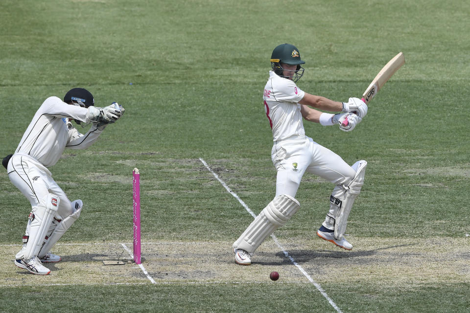 Australia's Marnus Labuschagne bats during his double century on day two of the third cricket test match between Australia and New Zealand at the Sydney Cricket Ground in Sydney, Saturday, Jan. 4, 2020. (Andrew Cornaga/Photosport via AP)