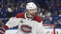 FILE - Montreal Canadiens center Eric Staal (21) skates on the ice during the first period of Game 5 of the NHL hockey Stanley Cup finals series against the Tampa Bay Lightning, Wednesday, July 7, 2021, in Tampa, Fla. Longtime NHL forward Eric Staal and 2021 top draft pick Owen Power are among the players named Tuesday, Jan. 25, 2022, to Canada’s roster for the Beijing Olympics.(AP Photo/Phelan M. Ebenhack, File)