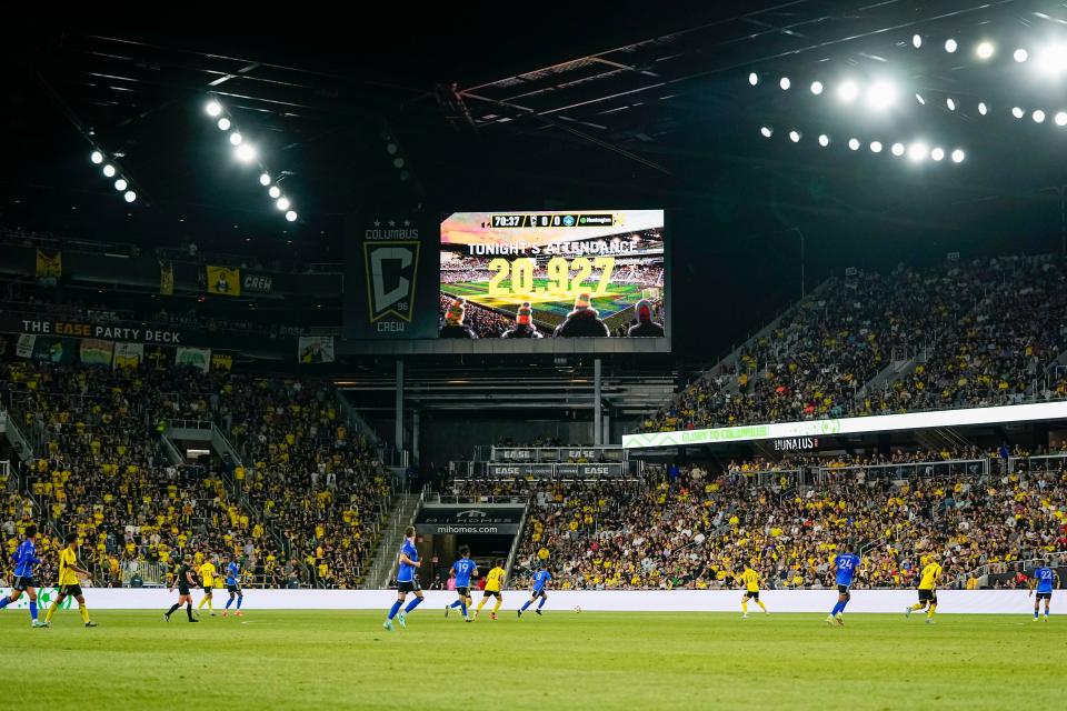 The attendance of 20,927 is shown on the video board during the second half of the MLS match between the Columbus Crew and CF Montreal at Lower.com Field on April 27. It was a record setting crowd for the venue.