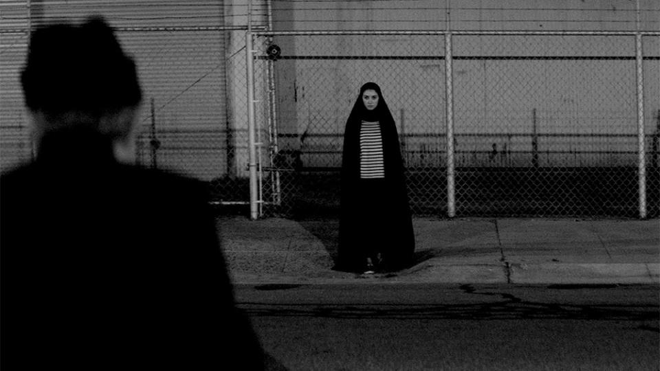 Sheila Vand as a vampire in a chador in A Girl Walks Home Alone at Night.