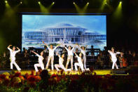 Artists of the Moranbong Band, the State Merited Chorus and the Wangjaesan Art Troupe, perform in Wonsan City of Kangwon Province, North Korea in this undated photo released by North Korea's Korean Central News Agency (KCNA) on September 14, 2017. KCNA/via REUTERS