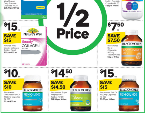 Some supplements selling at 50 per cent off at Woolworths on the week starting August 14.