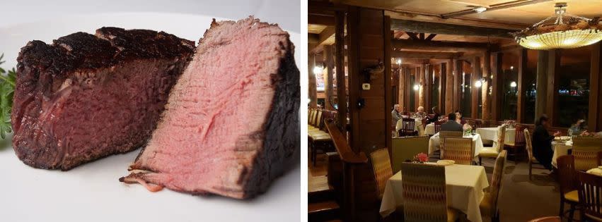 a steak, a dim indoor steakhouse