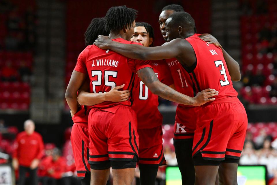 Feb 6, 2024; College Park, Maryland, USA; Rutgers Scarlet Knights huddles during the first half against the Maryland Terrapins at Xfinity Center. Mandatory Credit: Tommy Gilligan-USA TODAY Sports