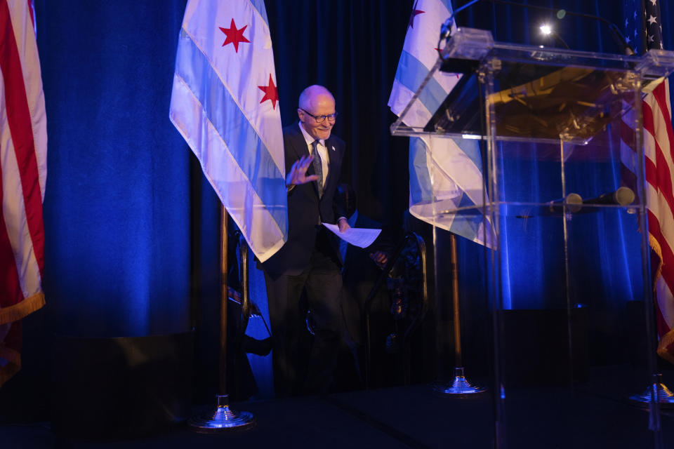 Chicago mayoral candidate Paul Vallas addresses his supporters after conceding the runoff election to his opponent, Brandon Johnson, at his watch party, Tuesday, April 4, 2023, in Chicago. (AP Photo/Erin Hooley)