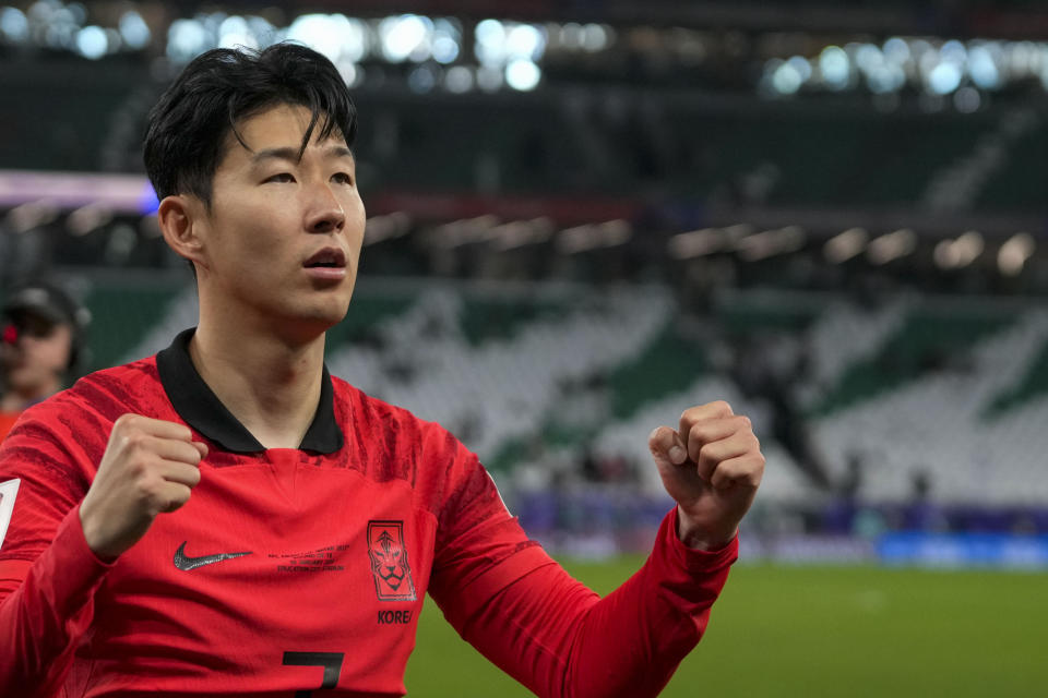 South Korea's Son Heung-Min celebrates after penalty shootout at the end of the Asian Cup Round of 16 soccer match between Saudi Arabia and South Korea, at the Education City Stadium in Al Rayyan, Qatar, Tuesday, Jan. 30, 2024. (AP Photo/Thanassis Stavrakis)