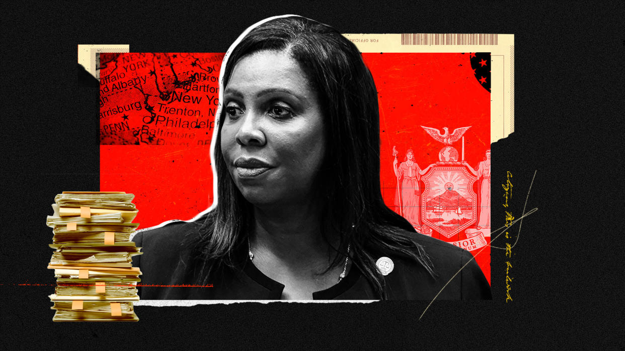 Photo illustration of Letitia James that includes a stack of money