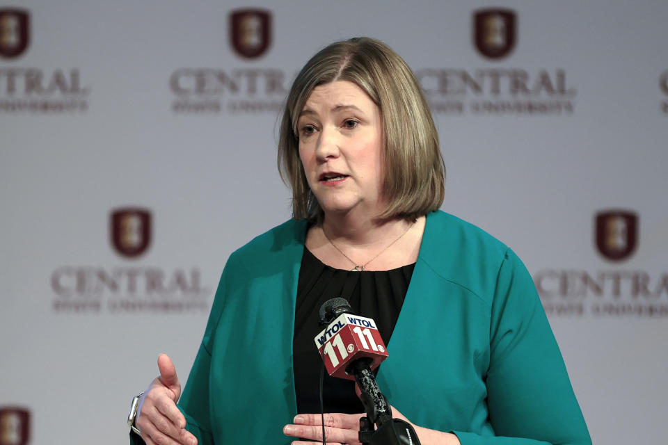 FILE - Nan Whaley, former Mayor of Dayton, speaks after a debate in Wilberforce, Ohio, on March 29, 2022. Whaley is seeking the Democratic Party nomination for Governor of Ohio. (AP Photo/Aaron Doster, File)