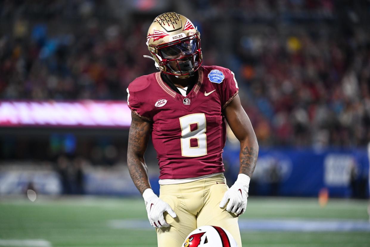 Dec 2, 2023; Charlotte, NC, USA; Florida State Seminoles defensive back Renardo Green (8) reacts after breaking up a pass in the third quarter against the Louisville Cardinals at Bank of America Stadium. Mandatory Credit: Bob Donnan-USA TODAY Sports