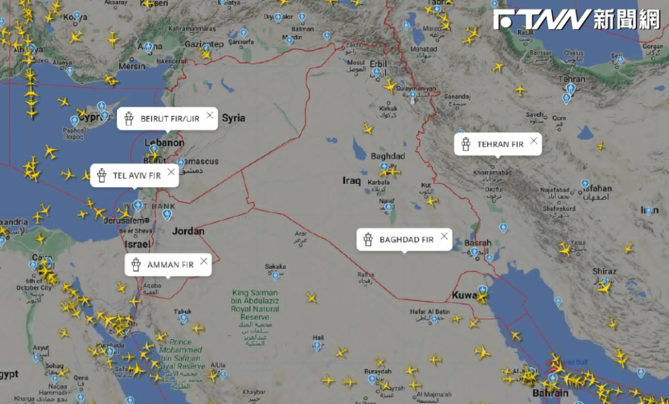 以色列、約旦、伊拉克和黎巴嫩等中東4個國家皆關閉領空。（圖／翻攝自Ｘ）