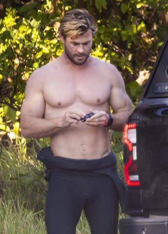 <p>SplashNews</p> Chris Hemsworth in Byron Bay, Australia, on Aug. 11, 2023